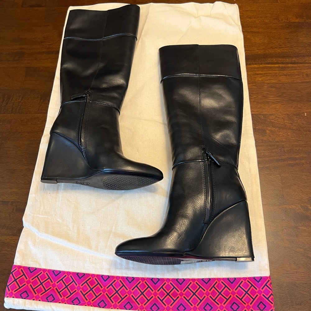 NEW Tory Burch Black Leather Knee-High Boots w/Wedge Heel - Sz 6.5